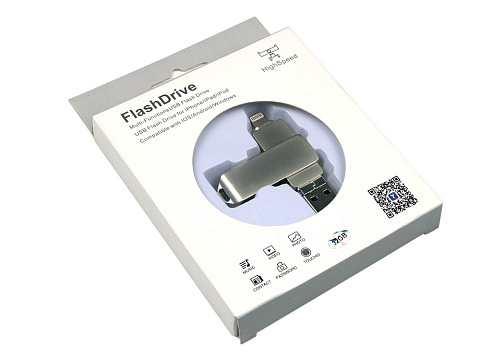 USB-флешка на 32 Гб, интерфейс USB3.0, поворотный механизм,c дополнительными разъемами для I-phone Lightning и Micro USB,  полностью металлический корпус, серебро - рис 5.