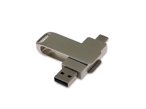 USB-флешка на 64 Гб поворотный механизм 2 в 1, c дополнительным разъемом Type-C с одноцветным металлическим клипом, серый