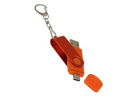 USB-флешка на 64 Гб 2 в 1 поворотный механизм, c дополнительным разъемом Type-C с одноцветным металлическим клипом, оранжевый - рис 4.