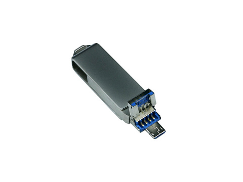 USB-флешка на 32 Гб, интерфейс USB3.0, поворотный механизм,c дополнительными разъемами для I-phone Lightning и Micro USB,  полностью металлический корпус, серебро - рис 3.