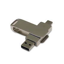 USB-флешка на 64 Гб поворотный механизм 2 в 1, c дополнительным разъемом Type-C с одноцветным металлическим клипом, серый
