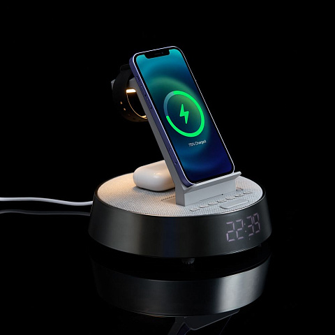 Bluetooth-колонка с беспроводной зарядкой и часами netEnergy, серая - рис 12.