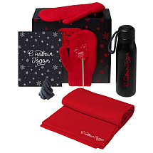 Подарочный набор с варежками, шарфом и термосом,красный